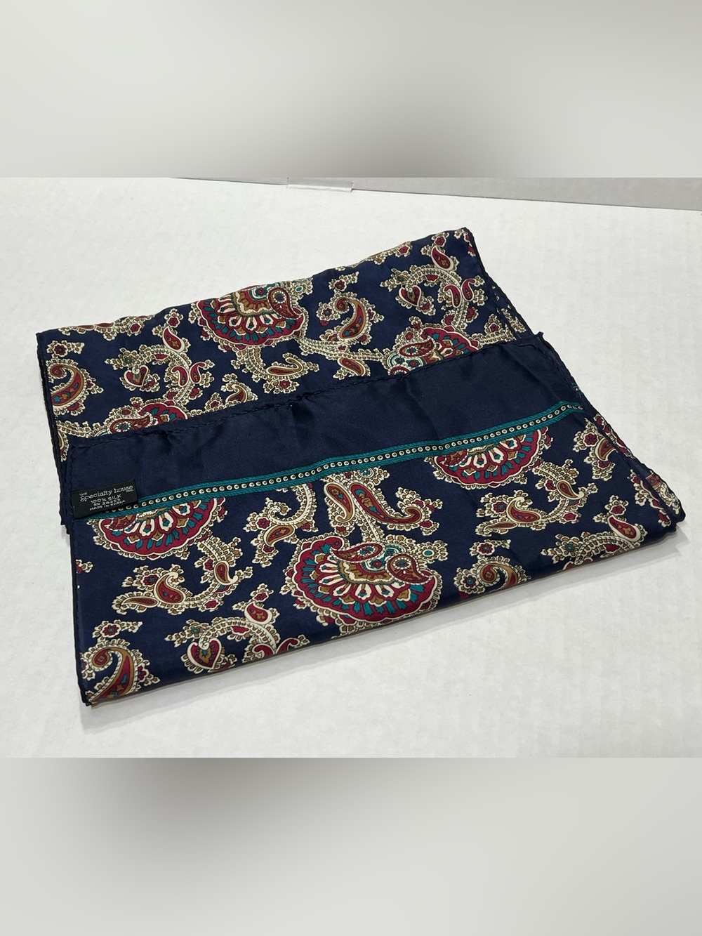 Vintage The Specialty House Navy Paisley 100% Silk Scarf with Teal Accent